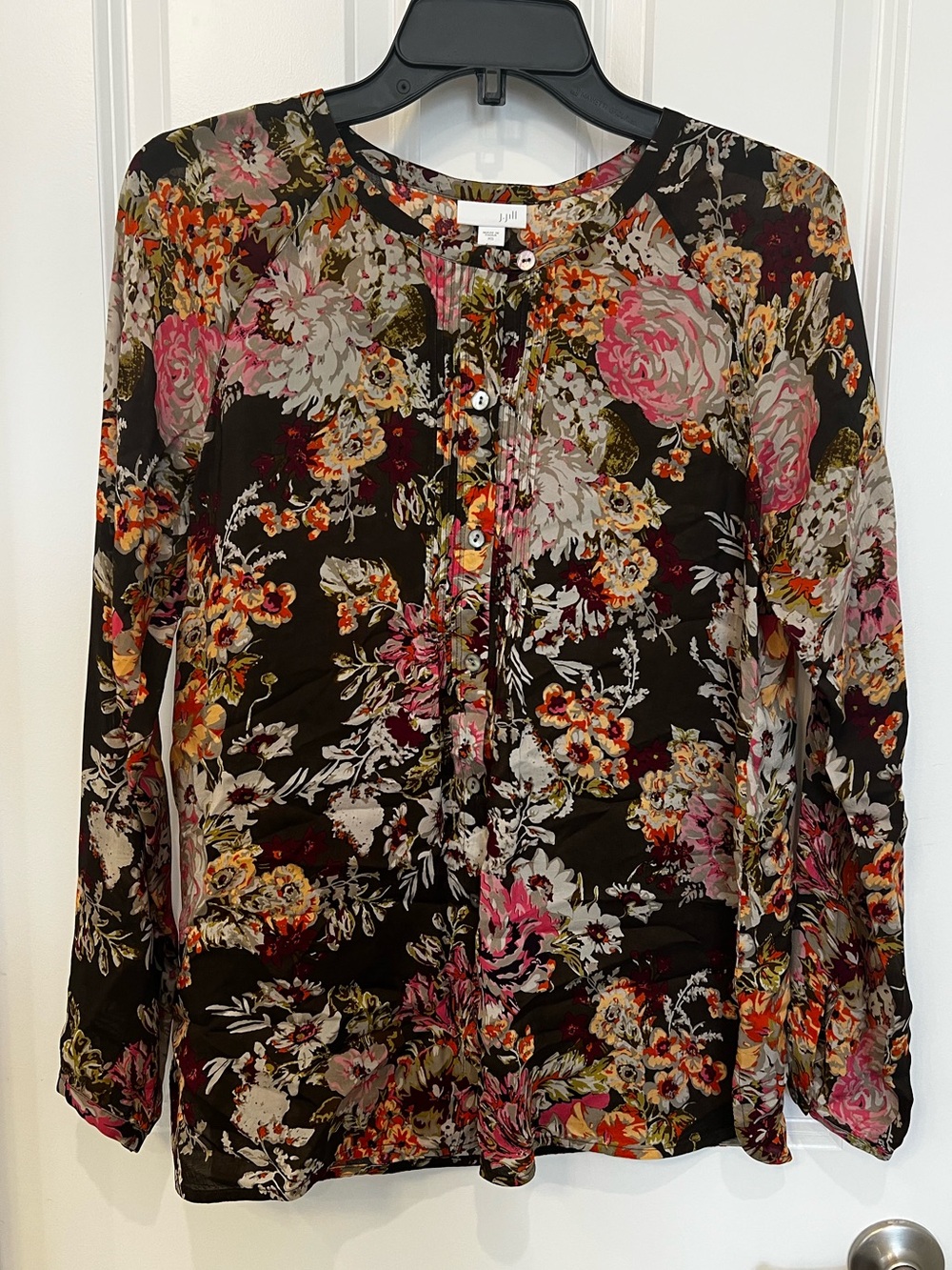 J. Jill Black Floral Button-Front Blouse with Pink & Orange Blooms